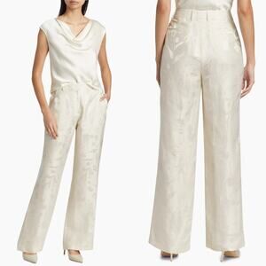 New Lafayette 148 Pebble Jacquard Wide-Leg Pants Floral Linen Size 10